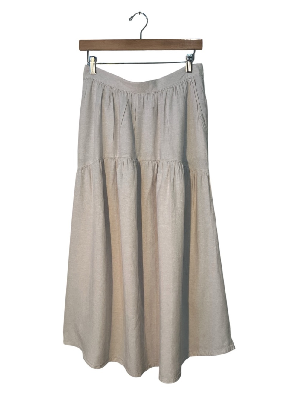 Joie Linen Blend Tiered Midi Skirt Oatmeal Elastic Waist Pockets Size Medium